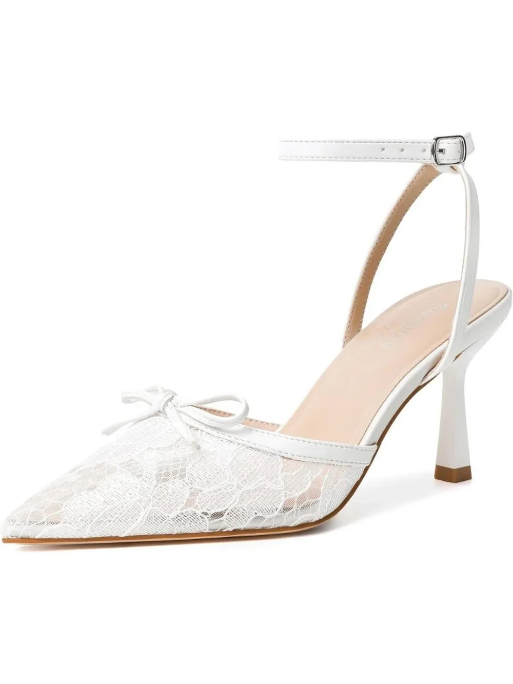Women's White Bow Lace Elegant Closed Pointed Toe Strappy Stiletto Pumps Shoes